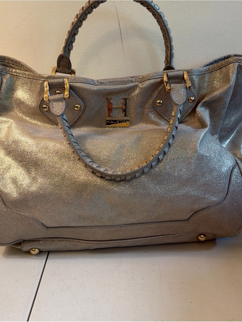 Halston Heritage Gold Metallic Tote with Braided Handles
